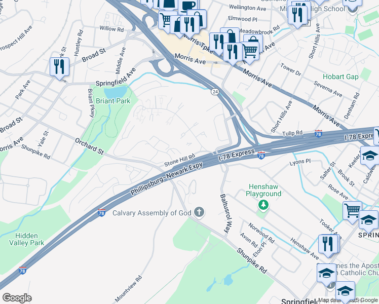 map of restaurants, bars, coffee shops, grocery stores, and more near 9A Stone Hill Road in Springfield