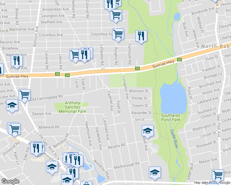 map of restaurants, bars, coffee shops, grocery stores, and more near 8 Lime Court in Babylon