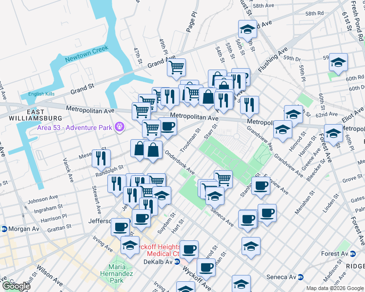 map of restaurants, bars, coffee shops, grocery stores, and more near 18-81 Troutman Street in Queens