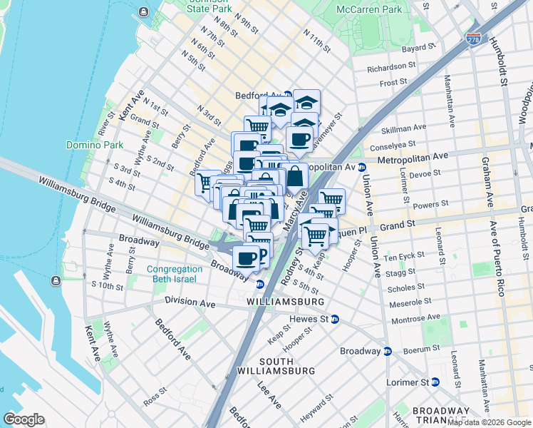 map of restaurants, bars, coffee shops, grocery stores, and more near S 2nd St & Havemeyer St in Brooklyn