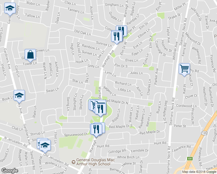 map of restaurants, bars, coffee shops, grocery stores, and more near 3621 Regent Lane in Wantagh