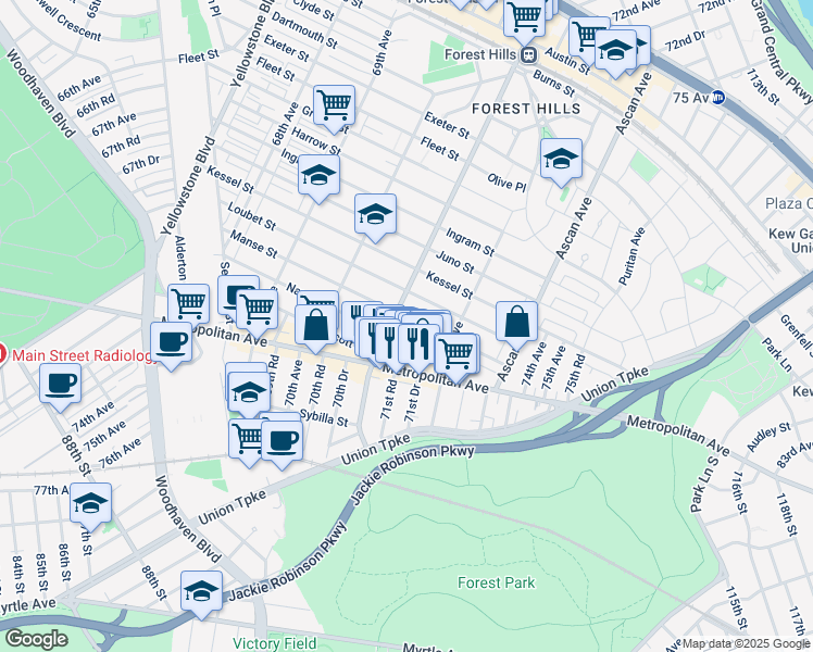 map of restaurants, bars, coffee shops, grocery stores, and more near 71-12 Manse Street in Queens