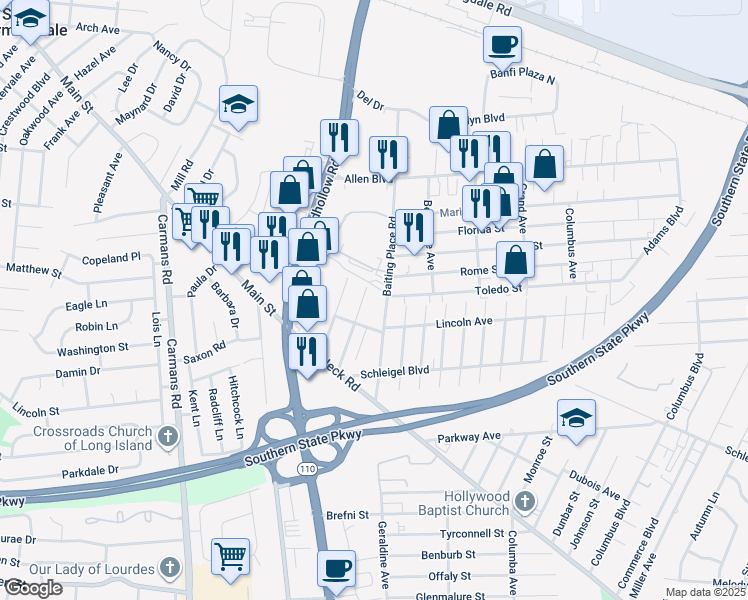 map of restaurants, bars, coffee shops, grocery stores, and more near 111 Baiting Place Road in Farmingdale