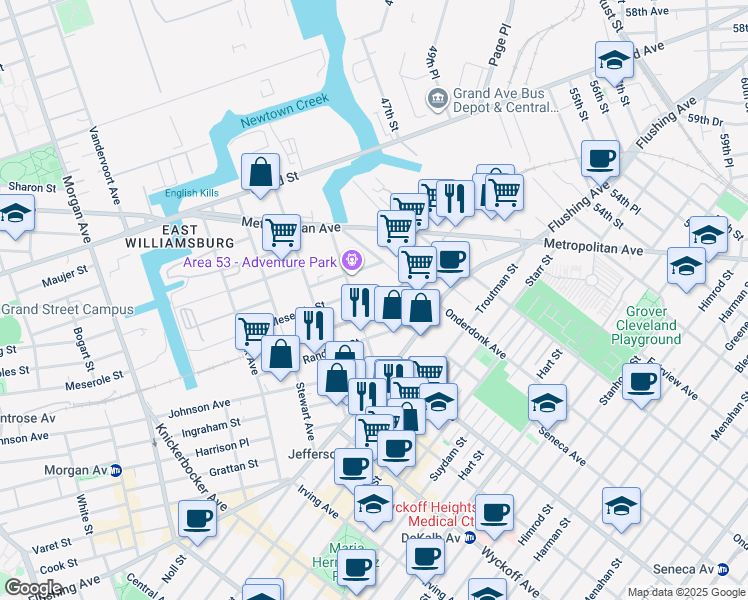 map of restaurants, bars, coffee shops, grocery stores, and more near 114 Scott Avenue in Brooklyn