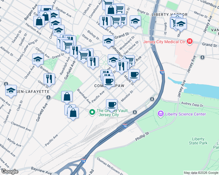 map of restaurants, bars, coffee shops, grocery stores, and more near in Jersey City