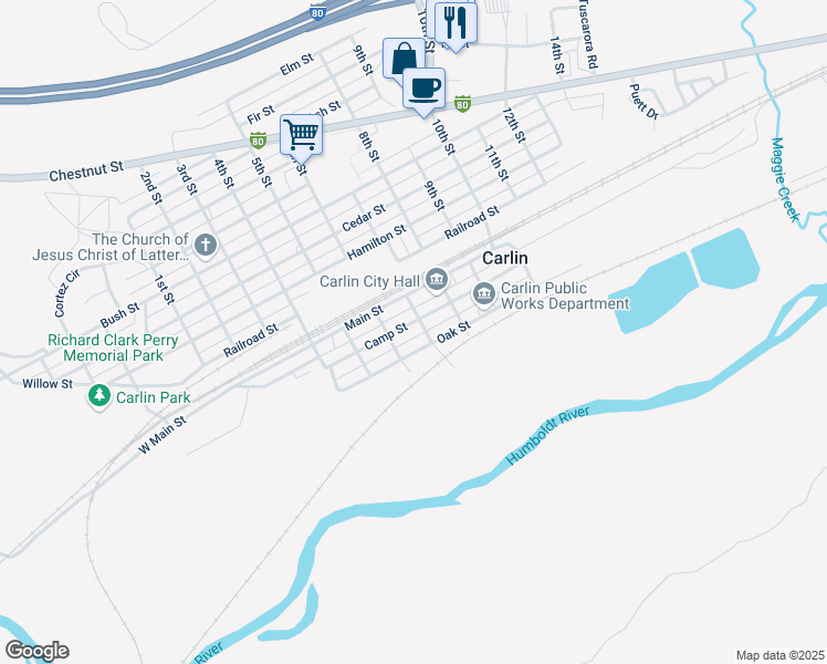 map of restaurants, bars, coffee shops, grocery stores, and more near 619 Camp St in Carlin