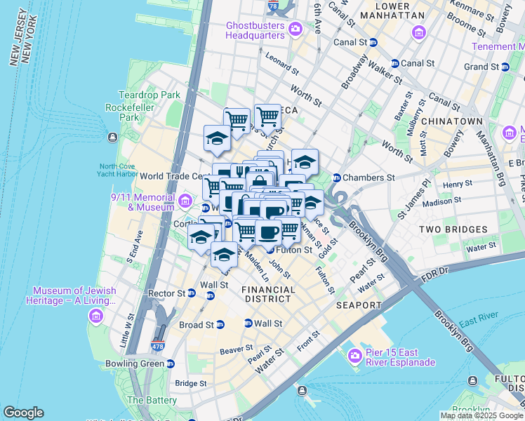 map of restaurants, bars, coffee shops, grocery stores, and more near 215 Broadway in New York
