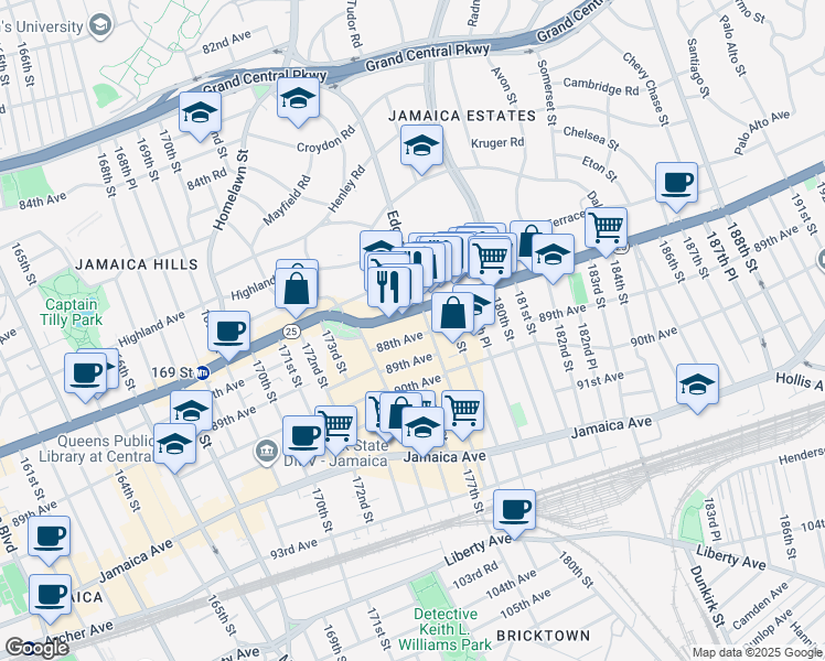 map of restaurants, bars, coffee shops, grocery stores, and more near 8805 178th Street in Queens