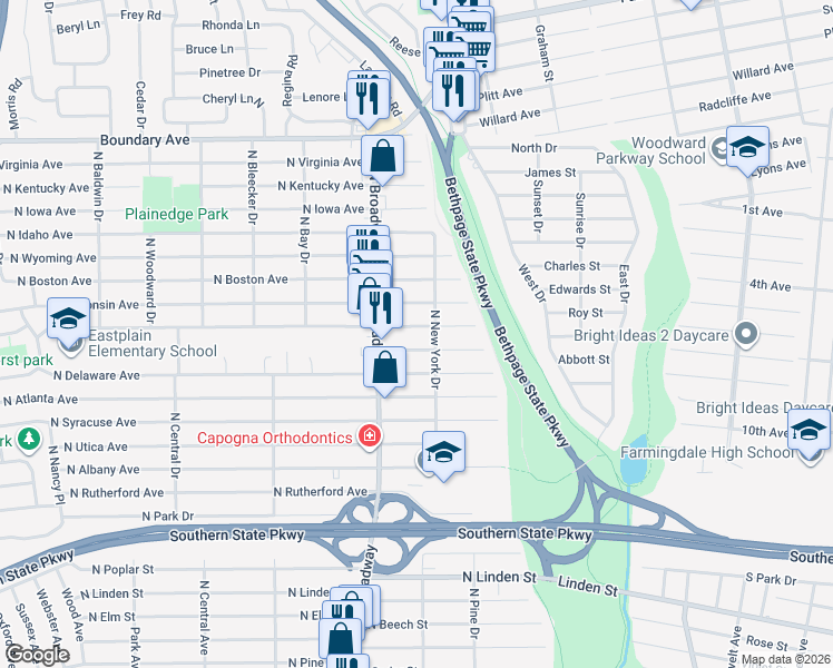map of restaurants, bars, coffee shops, grocery stores, and more near 192 North Michigan Avenue in Massapequa