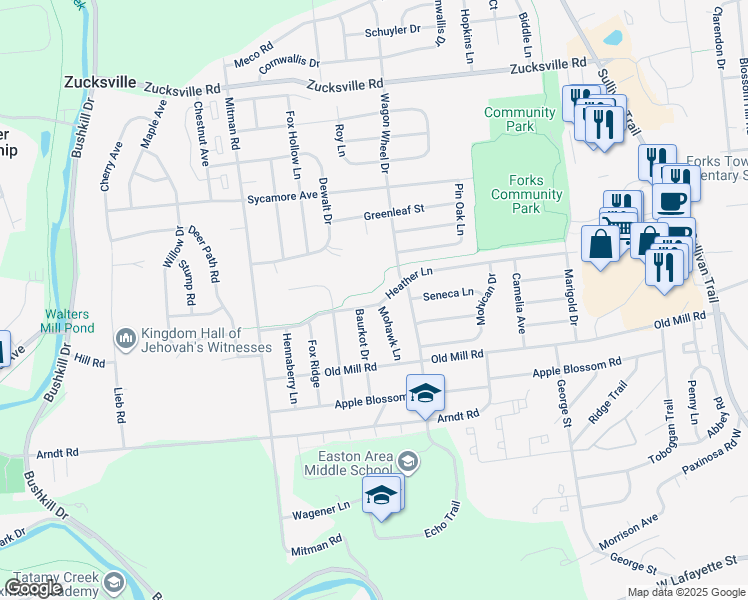 map of restaurants, bars, coffee shops, grocery stores, and more near 941 Heather Lane in Easton