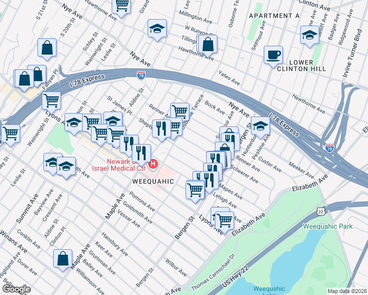 map of restaurants, bars, coffee shops, grocery stores, and more near 181 Shephard Avenue in Newark