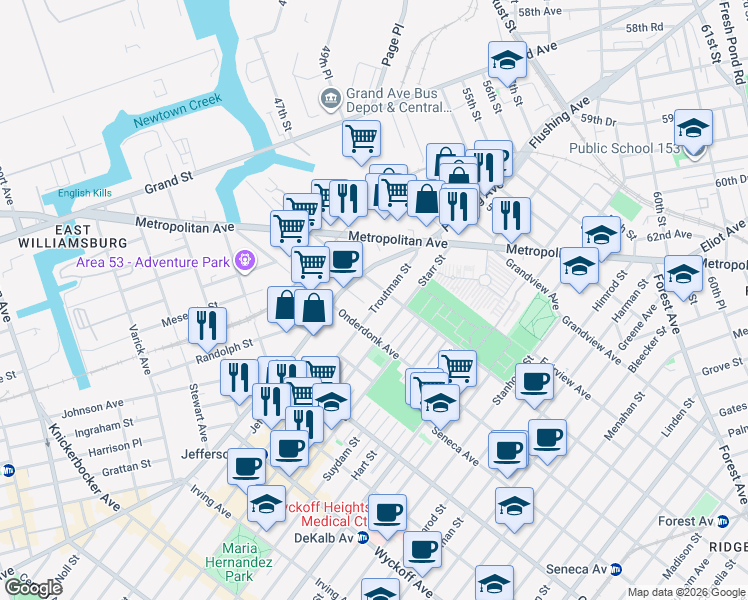 map of restaurants, bars, coffee shops, grocery stores, and more near 22 Charlotte Street in Queens