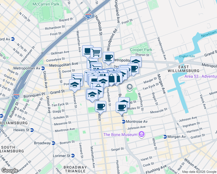 map of restaurants, bars, coffee shops, grocery stores, and more near 770 Grand Street in Brooklyn