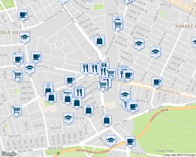 map of restaurants, bars, coffee shops, grocery stores, and more near 71-04 Woodhaven Boulevard in Queens