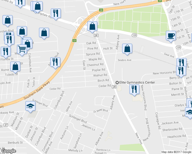 map of restaurants, bars, coffee shops, grocery stores, and more near 24 Walnut Road in Amityville