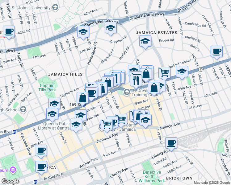 map of restaurants, bars, coffee shops, grocery stores, and more near 87-69 172nd Street in Queens