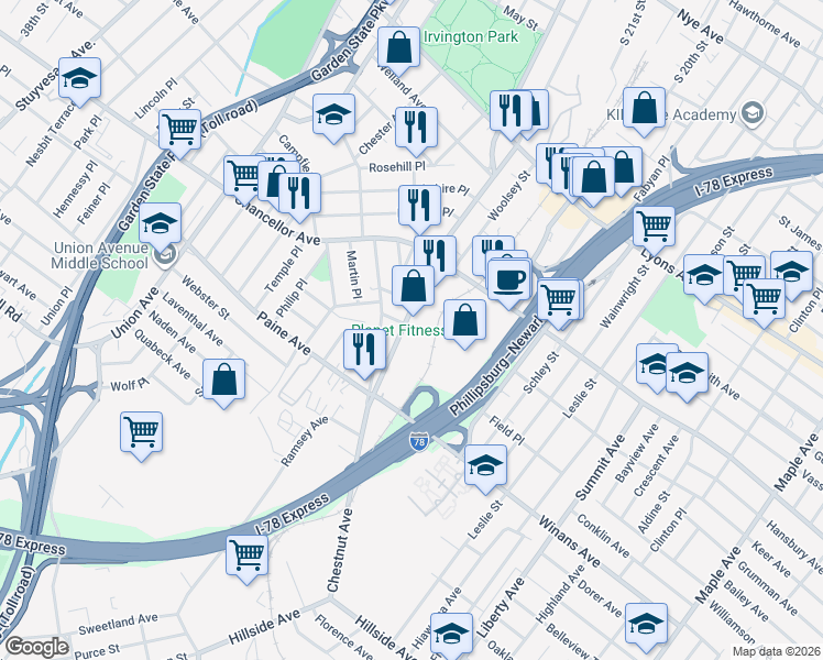 map of restaurants, bars, coffee shops, grocery stores, and more near 404 Coit Street in Irvington