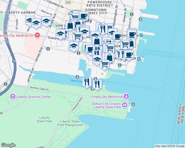 map of restaurants, bars, coffee shops, grocery stores, and more near 15 Warren Street in Jersey City