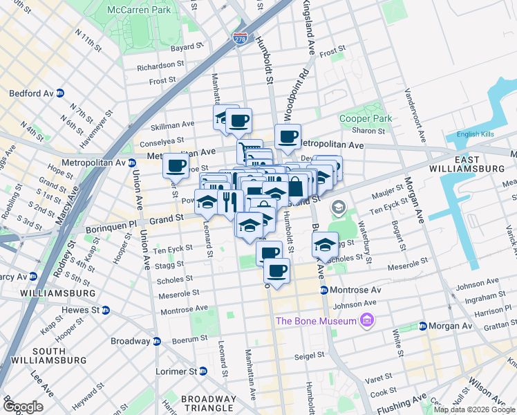 map of restaurants, bars, coffee shops, grocery stores, and more near 702 Grand Street in Brooklyn