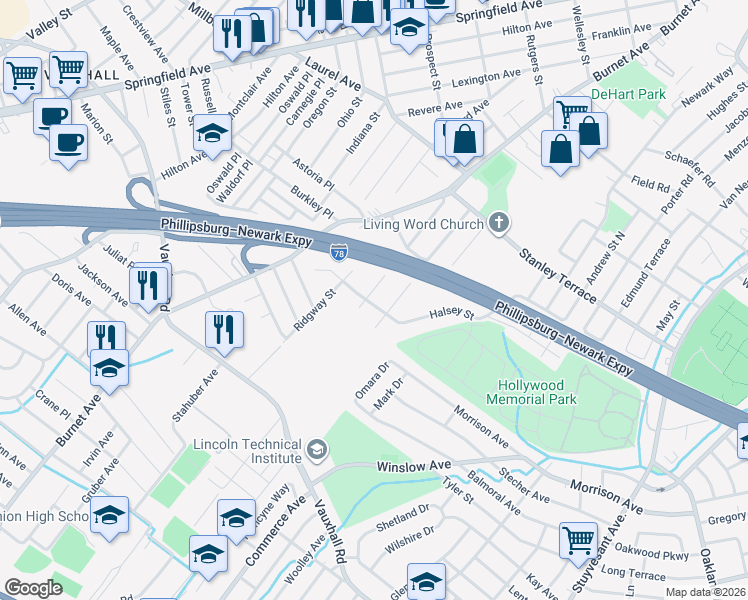 map of restaurants, bars, coffee shops, grocery stores, and more near 1639 Edward Terrace South in Union