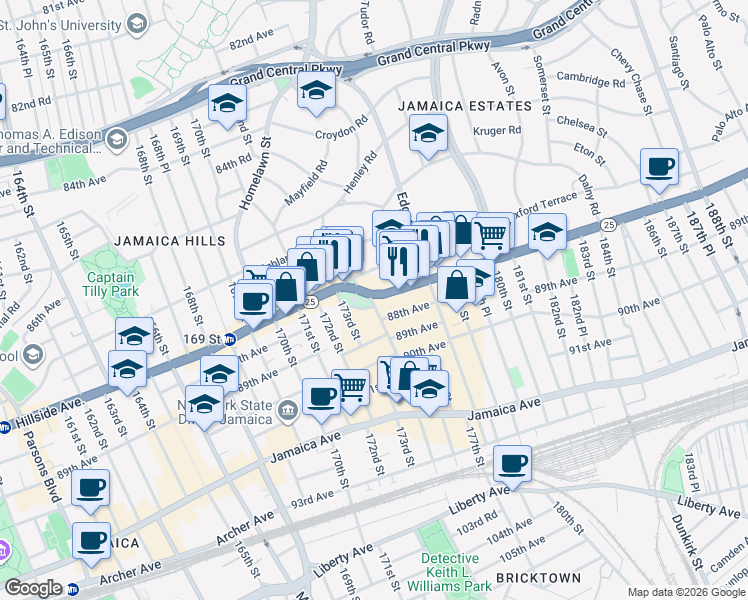 map of restaurants, bars, coffee shops, grocery stores, and more near 175-20 Wexford Terrace in Queens