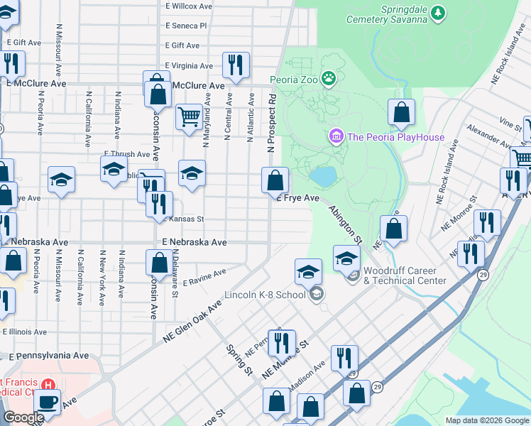 map of restaurants, bars, coffee shops, grocery stores, and more near 1309 East Hillcrest Place in Peoria