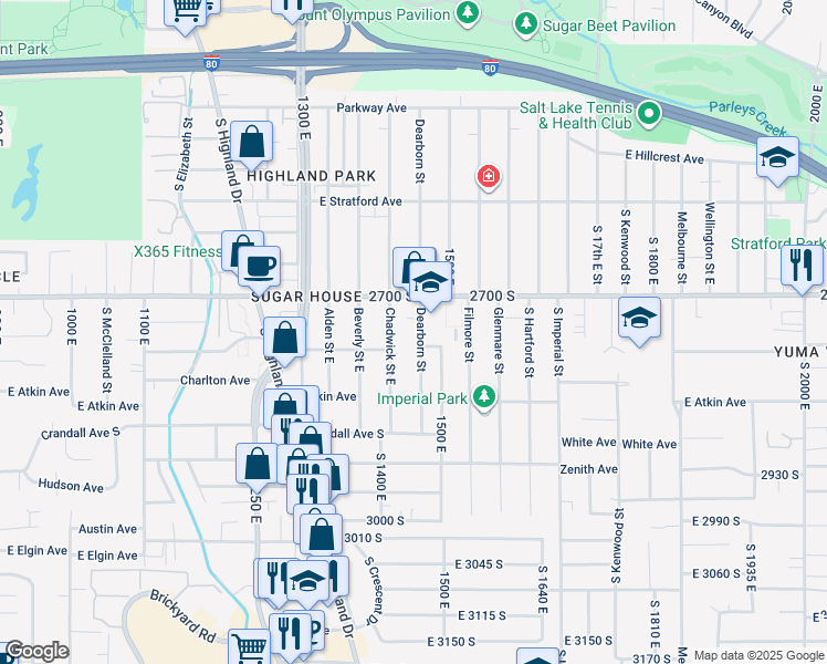 map of restaurants, bars, coffee shops, grocery stores, and more near 2742 Dearborn Street in Salt Lake City