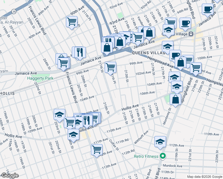 map of restaurants, bars, coffee shops, grocery stores, and more near 99-85 211th Street in Queens
