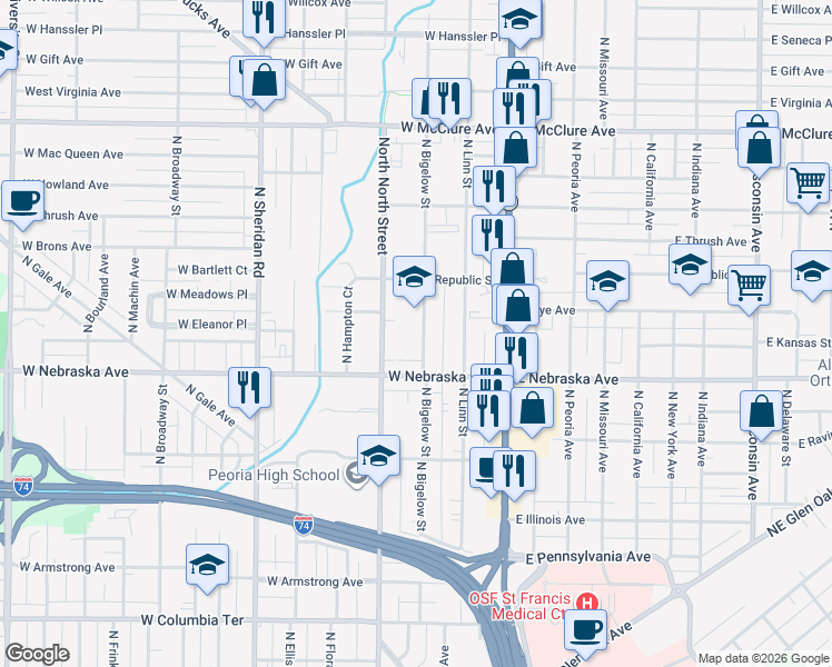 map of restaurants, bars, coffee shops, grocery stores, and more near 2003 North Bigelow Street in Peoria