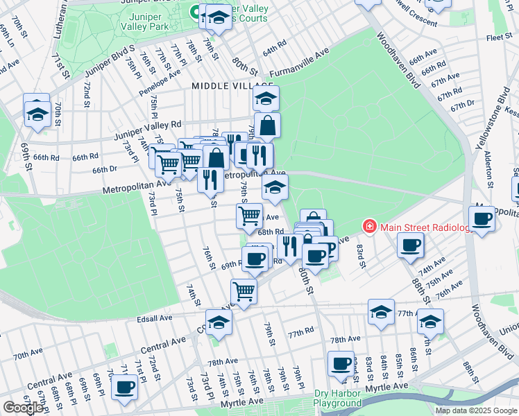 map of restaurants, bars, coffee shops, grocery stores, and more near 79-35 68th Avenue in Queens