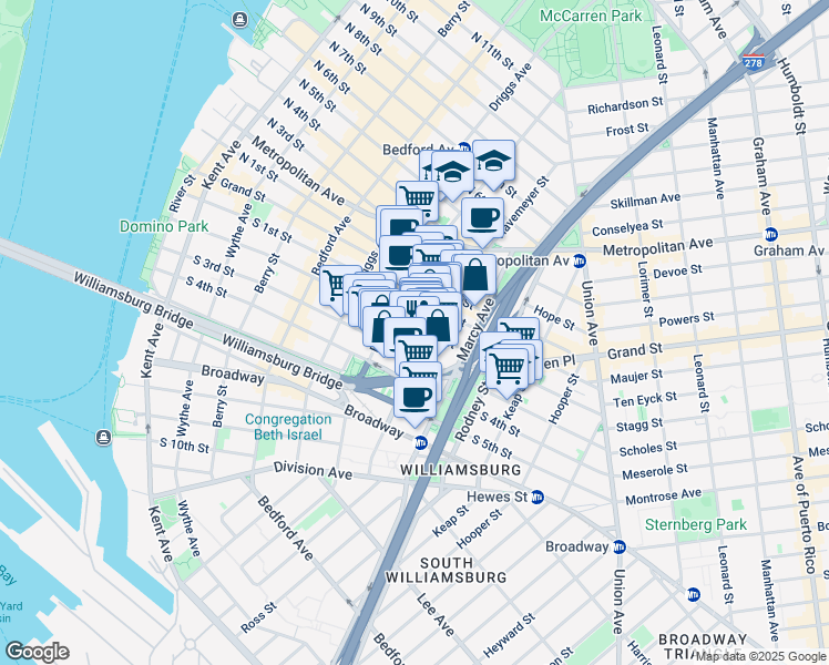 map of restaurants, bars, coffee shops, grocery stores, and more near 153 Havemeyer Street in Brooklyn