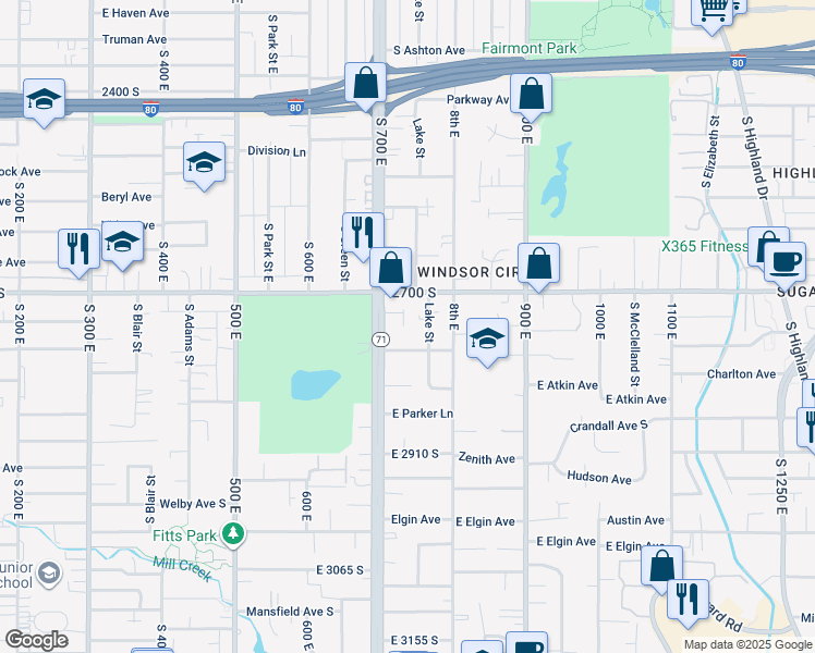 map of restaurants, bars, coffee shops, grocery stores, and more near 2725 South 700 East in Millcreek