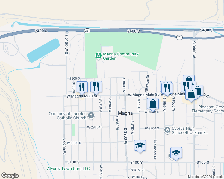 map of restaurants, bars, coffee shops, grocery stores, and more near 2665 South 8900 West in Magna