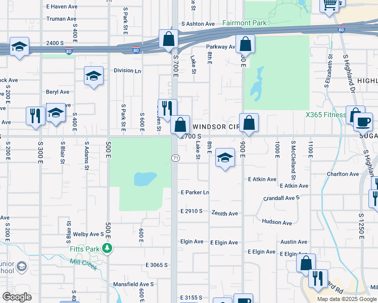 map of restaurants, bars, coffee shops, grocery stores, and more near 2725 South 700 East in Salt Lake City