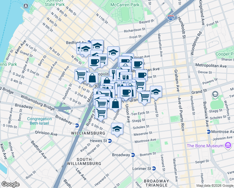 map of restaurants, bars, coffee shops, grocery stores, and more near 150 Hope Street in Brooklyn