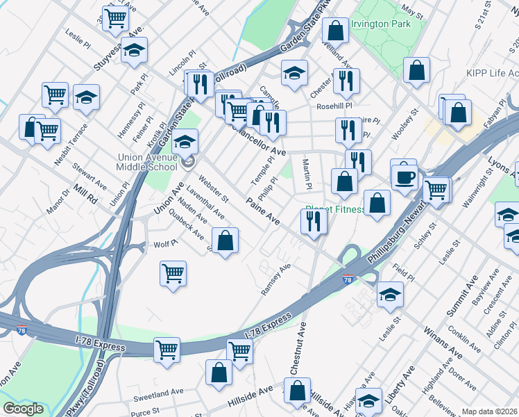 map of restaurants, bars, coffee shops, grocery stores, and more near 29 Webster Street in Irvington