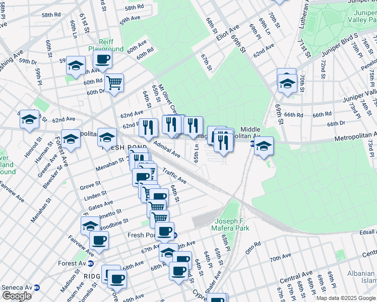map of restaurants, bars, coffee shops, grocery stores, and more near 64-25 65th Place in Queens