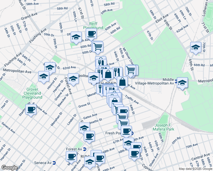 map of restaurants, bars, coffee shops, grocery stores, and more near 63-35 Fresh Pond Road in Queens
