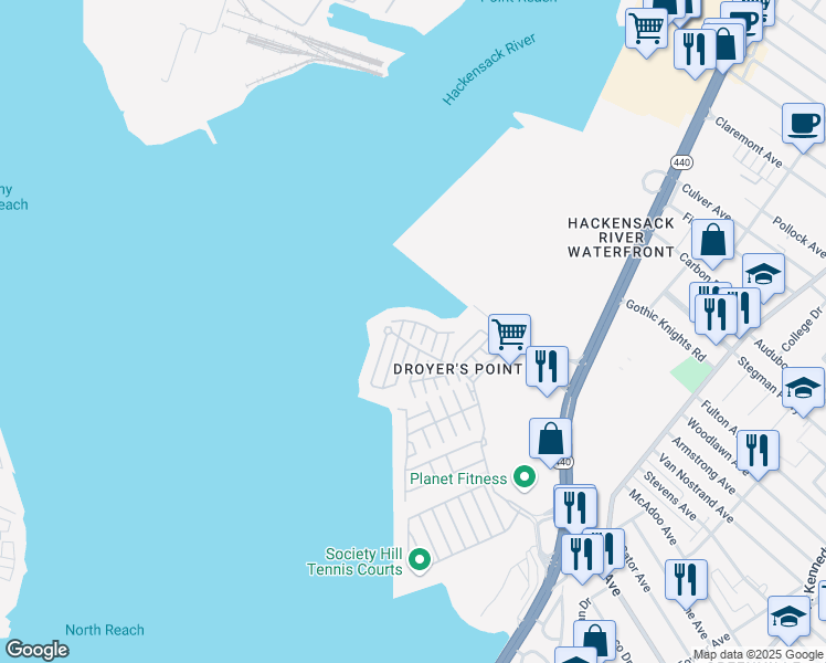 map of restaurants, bars, coffee shops, grocery stores, and more near Kissam Court in Jersey City