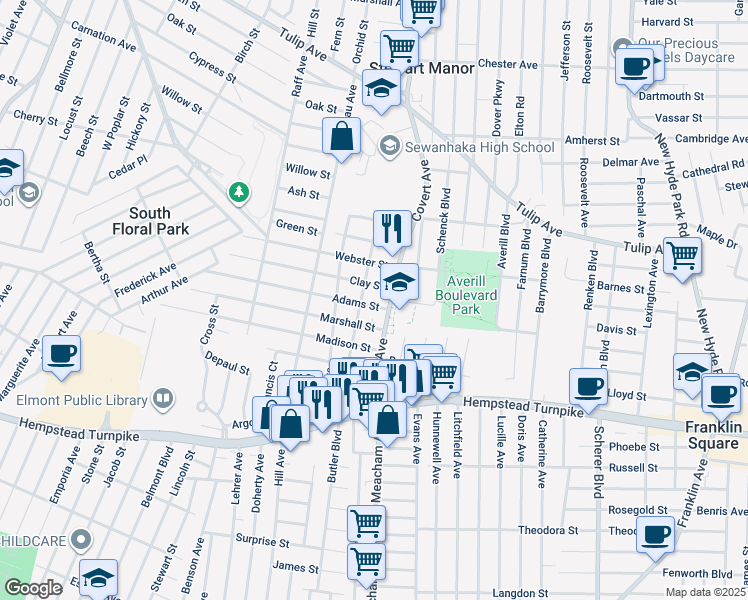 map of restaurants, bars, coffee shops, grocery stores, and more near 1378 Adams Street in Elmont