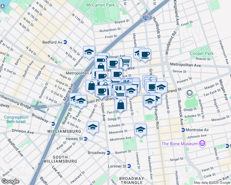 map of restaurants, bars, coffee shops, grocery stores, and more near 559 Grand Street in Brooklyn