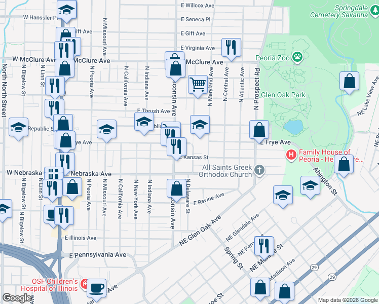 map of restaurants, bars, coffee shops, grocery stores, and more near 825 East Kansas Street in Peoria