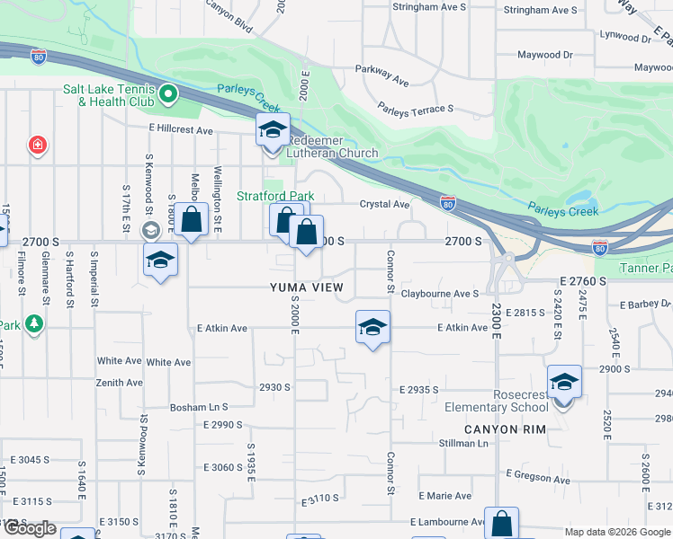 map of restaurants, bars, coffee shops, grocery stores, and more near 2741 Yuma Street in Salt Lake City