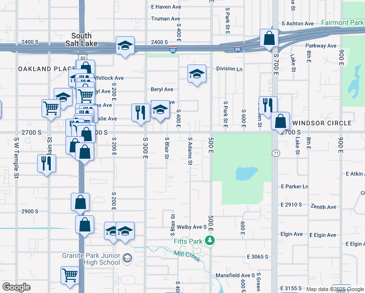map of restaurants, bars, coffee shops, grocery stores, and more near 2746 South Adams Street in South Salt Lake