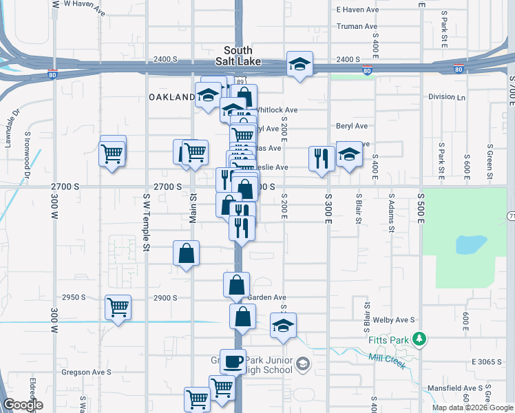 map of restaurants, bars, coffee shops, grocery stores, and more near 158 Southgate Avenue in South Salt Lake