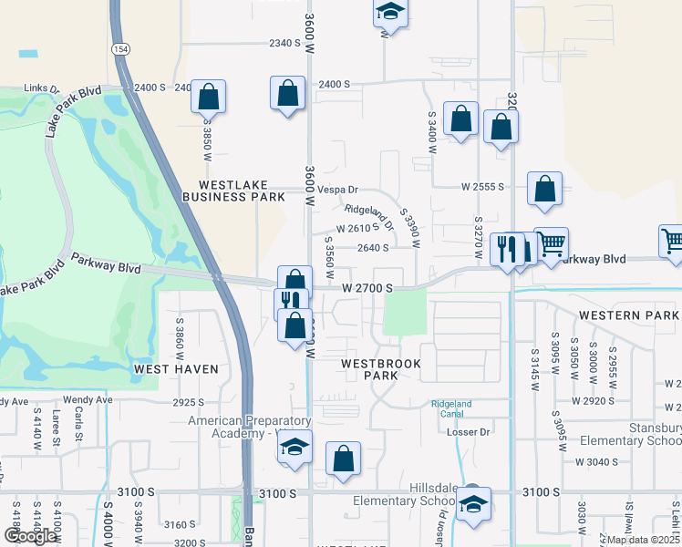 map of restaurants, bars, coffee shops, grocery stores, and more near 3522 Parkway Boulevard in West Valley City