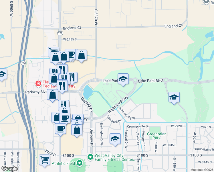 map of restaurants, bars, coffee shops, grocery stores, and more near 2704 South High Park Way in West Valley City