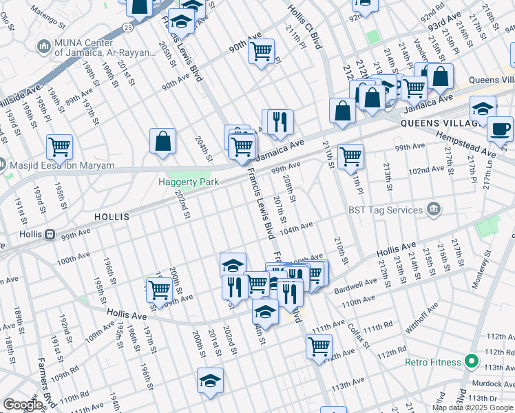map of restaurants, bars, coffee shops, grocery stores, and more near 100-11 205th Place in Queens