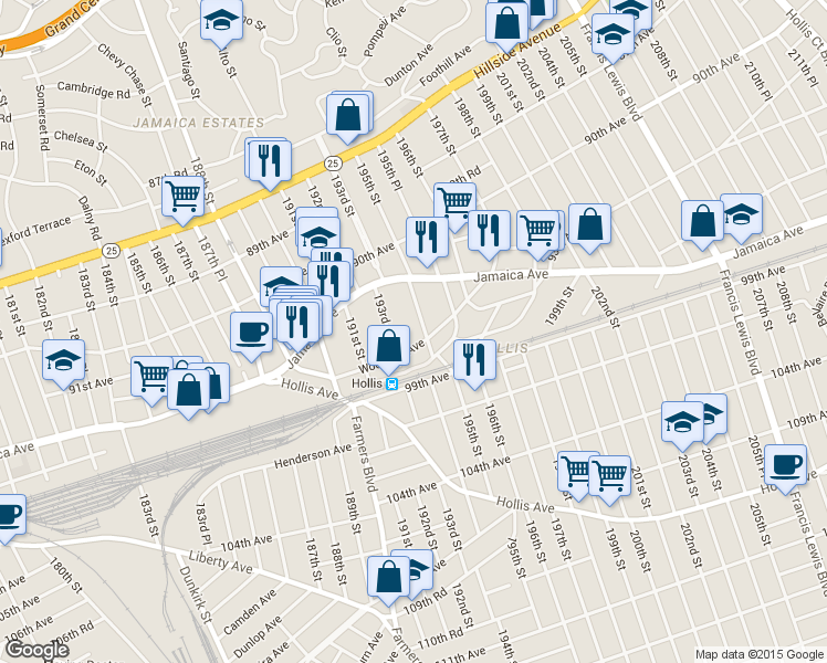 map of restaurants, bars, coffee shops, grocery stores, and more near 91-56 195th Street in Queens