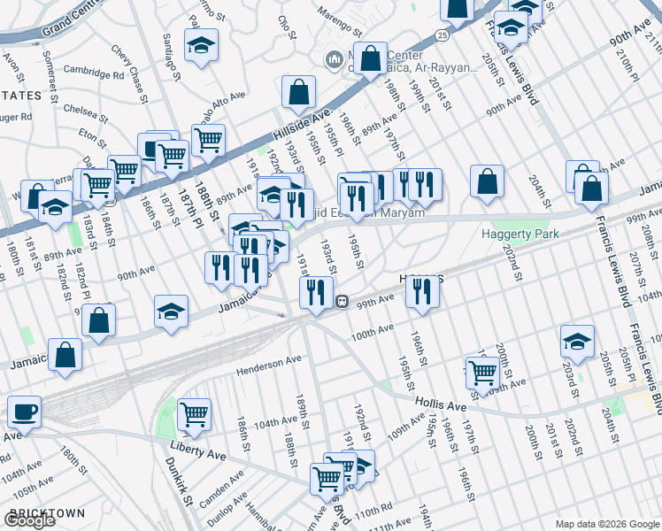 map of restaurants, bars, coffee shops, grocery stores, and more near 91-52 193rd Street in Queens